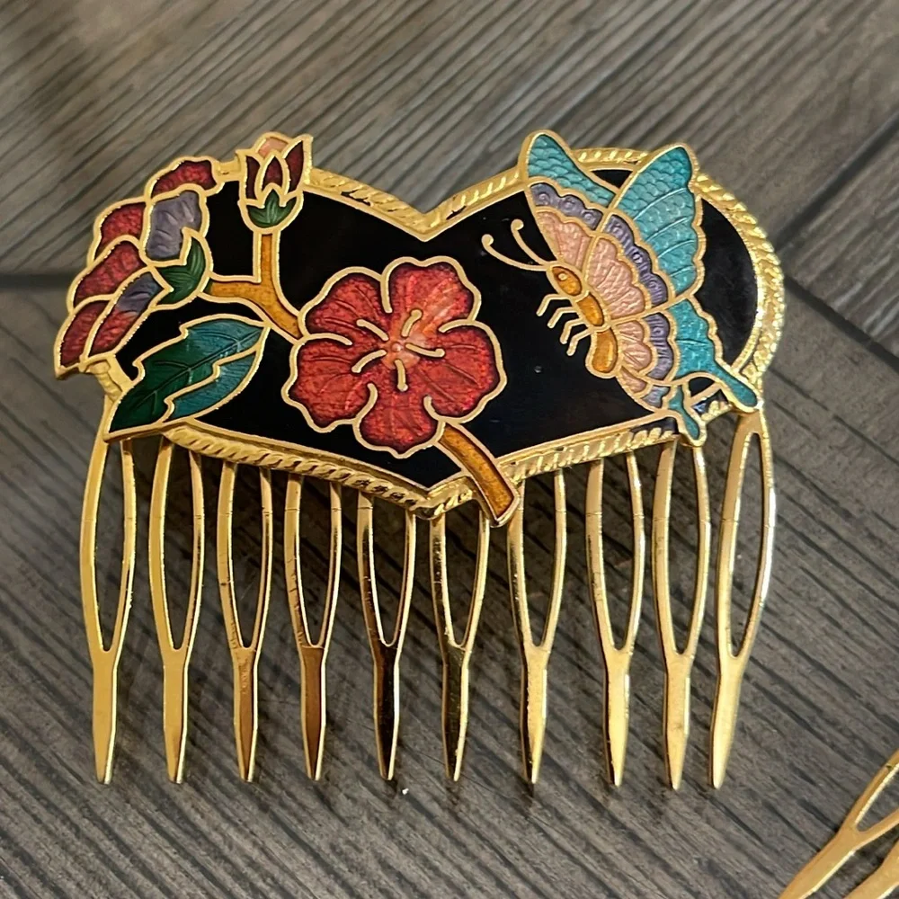 Vintage Cloisonné Butterfly Heart & Flower Hair Combs - Picture 2 of 16